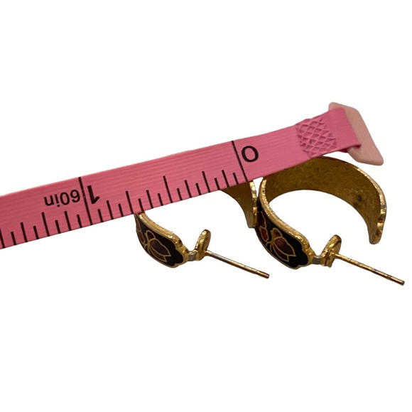 Vintage Black enamel cloisonné flower hoops gold tone - Picture 3 of 5